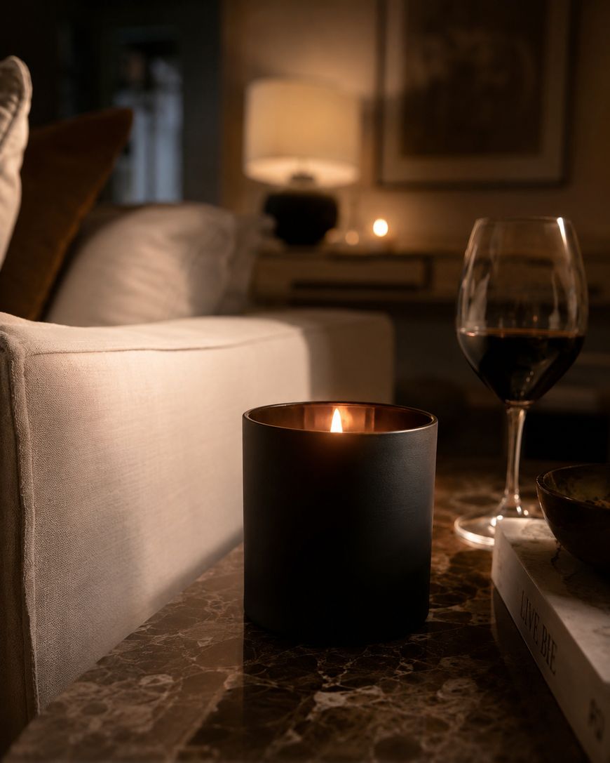 A lit black candle sits on a marble table next to a glass of red wine, a book, and a bowl, with a white sofa and a softly lit room in the background, creating a cozy, warm atmosphere.