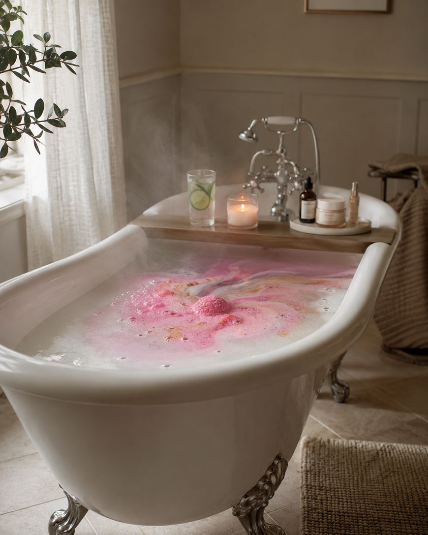 A white clawfoot bathtub filled with water and pink bath bomb foam, with a tray holding a lit candle, a glass of lime water, and bath products. Sunlight filters in through sheer curtains beside the tub.