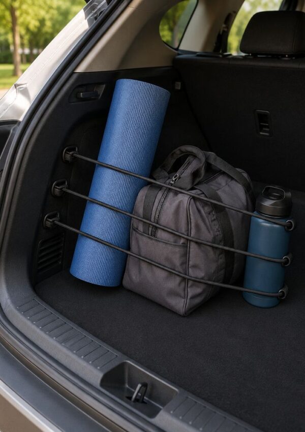 A car trunk holds a blue yoga mat, a gray backpack, and a blue water bottle, all secured upright with elastic cargo straps—showcasing simple trunk organization. Green trees are visible outside through the open car door.