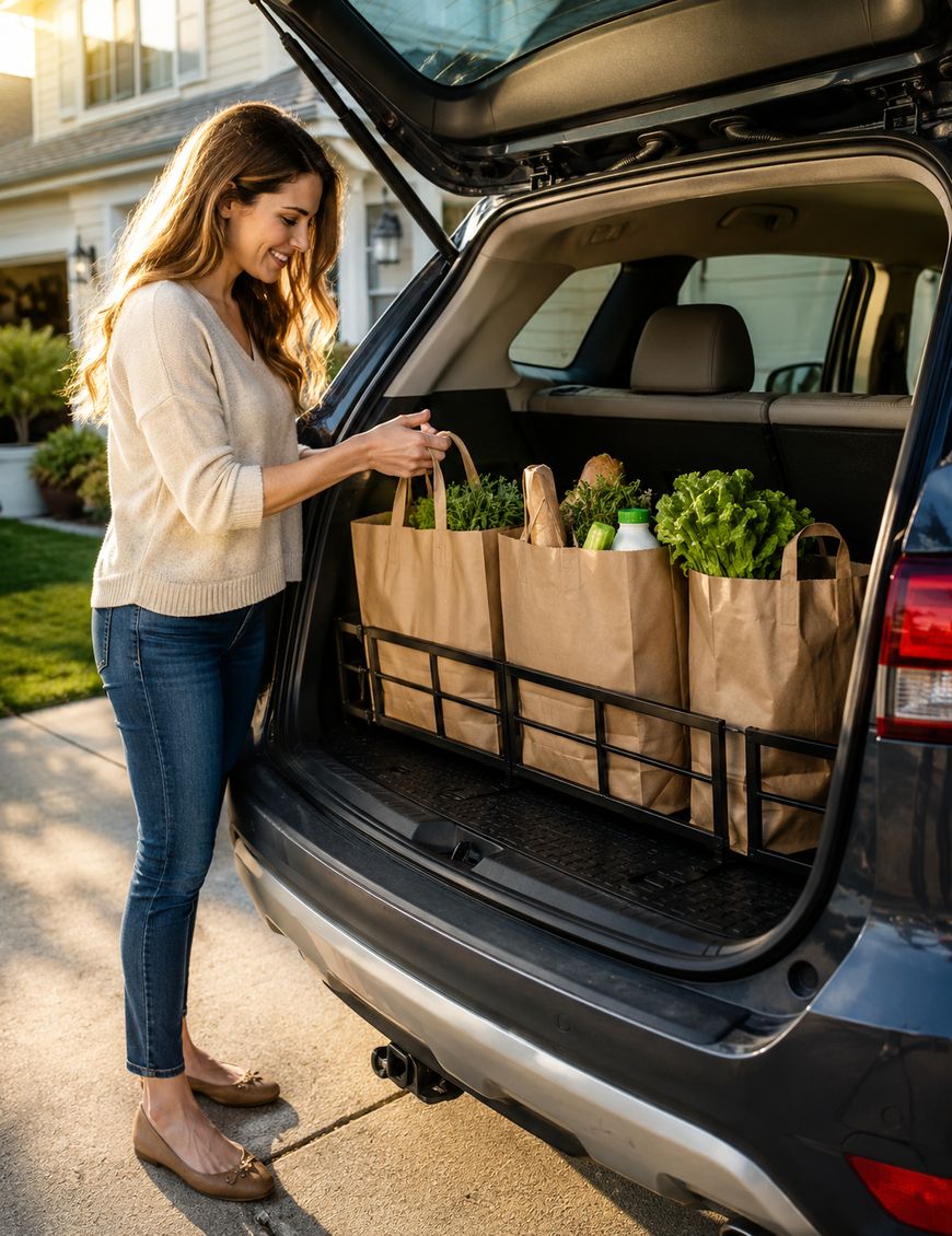 A woman stands by the open trunk of an SUV, unloading paper grocery bags filled with fresh produce and other items in a residential driveway on a sunny day.