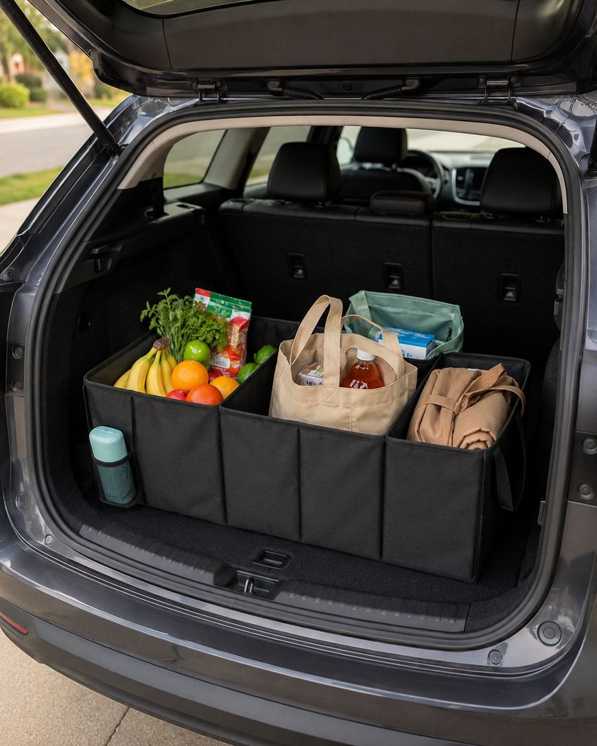 A car trunk organizer holds groceries, including fruits, vegetables, a carton of eggs, a potted plant, a reusable shopping bag, a thermos, and a folded blanket inside the open trunk of a parked SUV.
