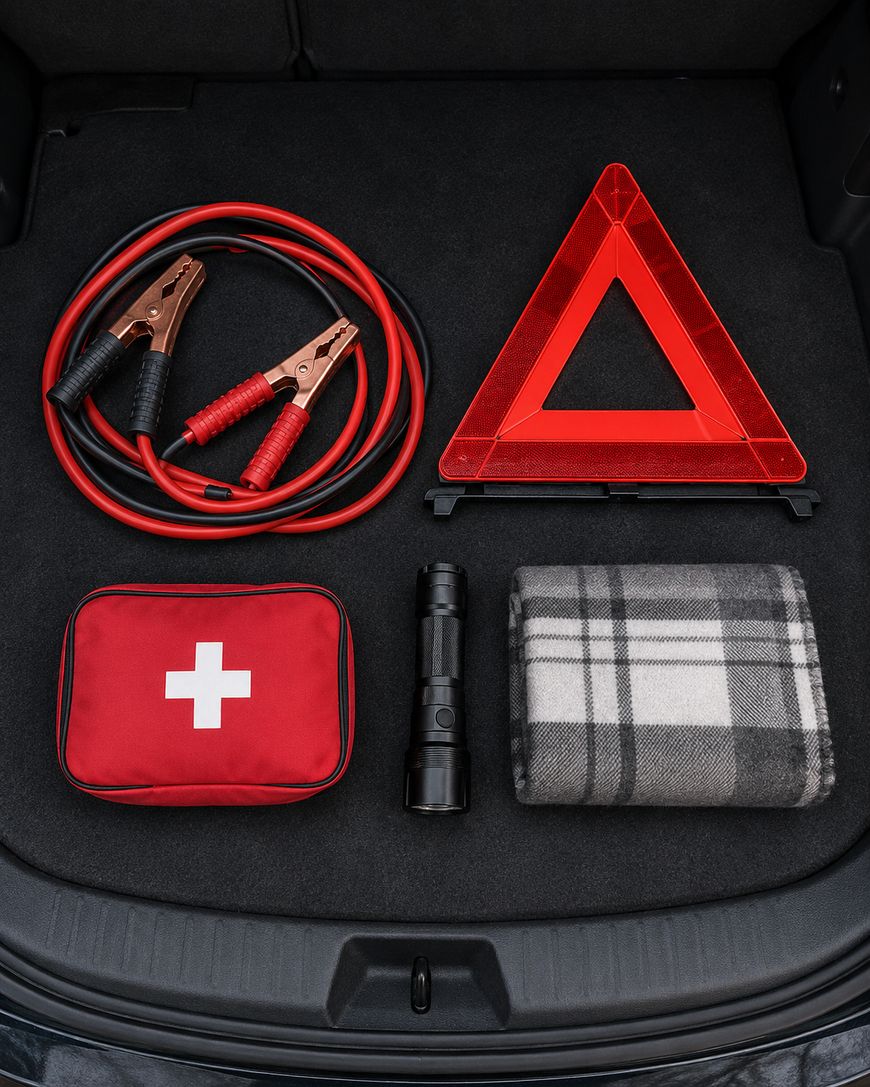 A car trunk contains jumper cables, a red warning triangle, a first aid kit, a flashlight, and a folded gray plaid blanket, all neatly arranged on a black carpeted surface.