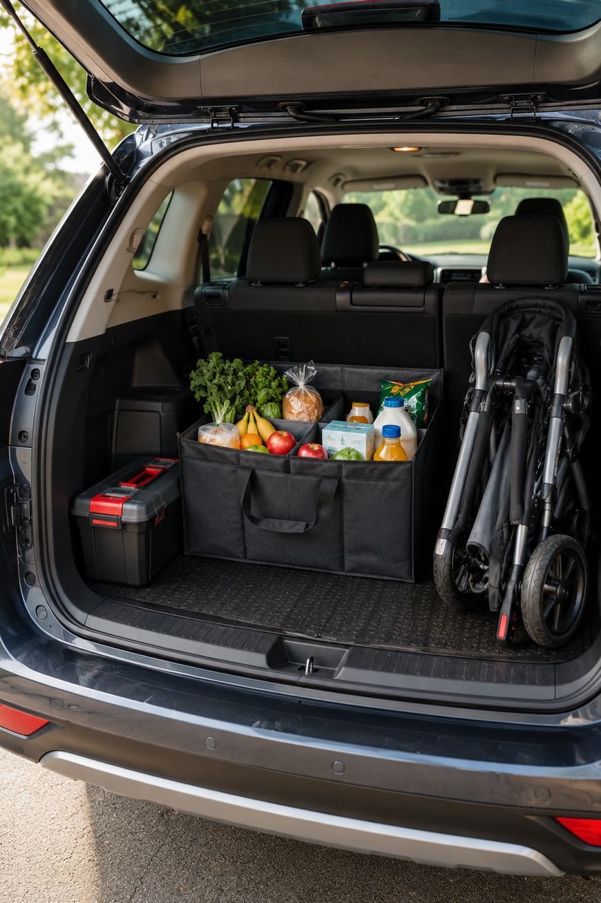 Open trunk of an SUV containing a tool box, a collapsible stroller, and a black organizer filled with groceries including fruits, vegetables, bread, milk, and juice. The car is parked outdoors on a sunny day.