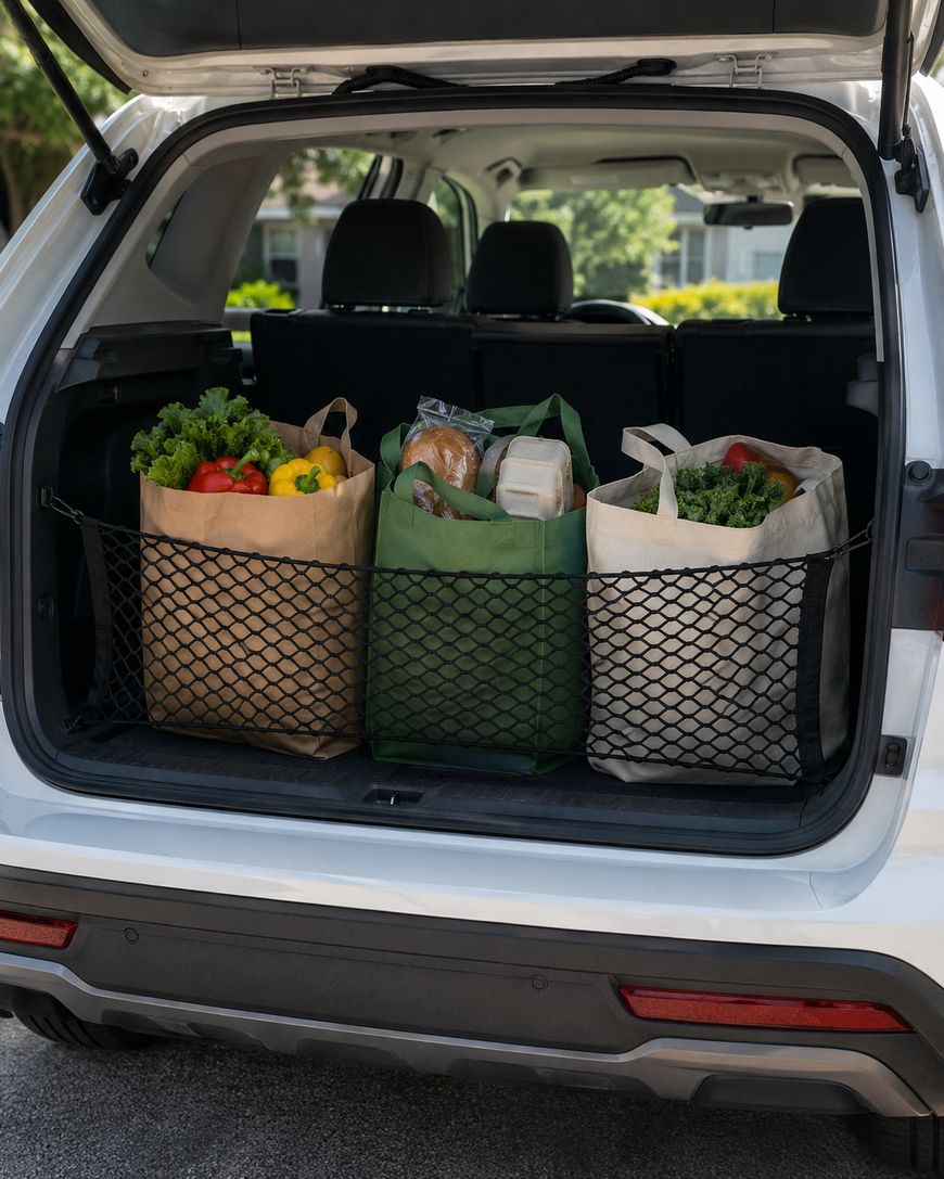 An open car trunk with three reusable grocery bags filled with fresh vegetables, bread, and groceries, secured behind a black mesh net. The car is parked outdoors on a sunny day.