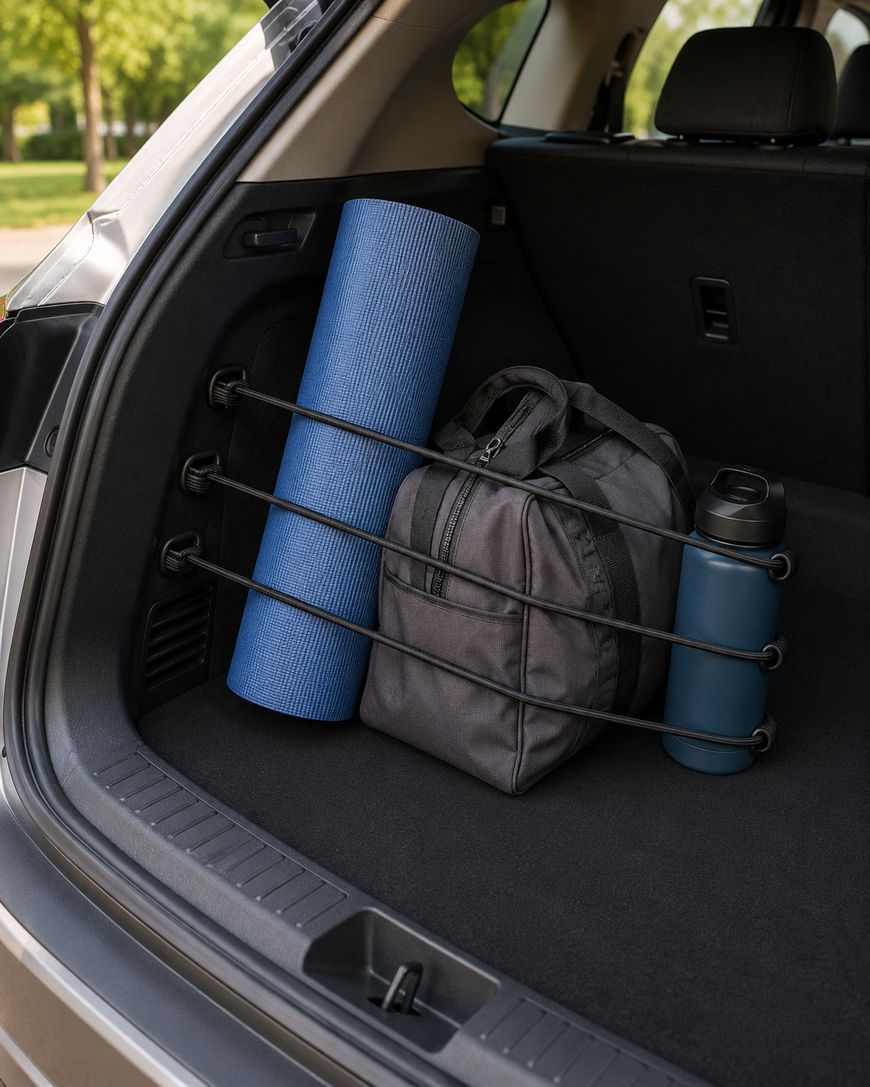 An open car trunk shows a blue yoga mat, a gray duffel bag, and a blue water bottle secured upright with adjustable elastic straps. Trees and grass are visible outside in the background.
