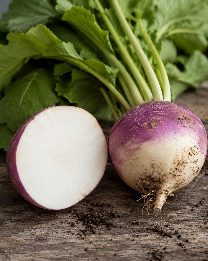 A whole turnip with purple and white skin, some dirt on its surface, and leafy green tops sits on a wooden surface next to a half turnip showing its white interior.