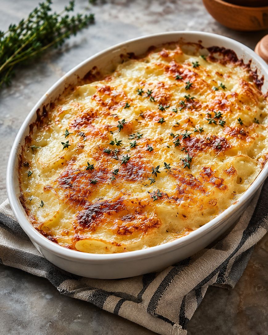 A baked dish of golden-brown potato gratin topped with fresh thyme sits in a white oval baking dish on a striped towel, with sprigs of thyme in the background.