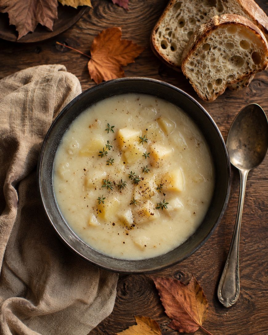 A bowl of creamy potato soup garnished with fresh herbs, next to slices of rustic bread and a spoon, with autumn leaves scattered on a wooden table.