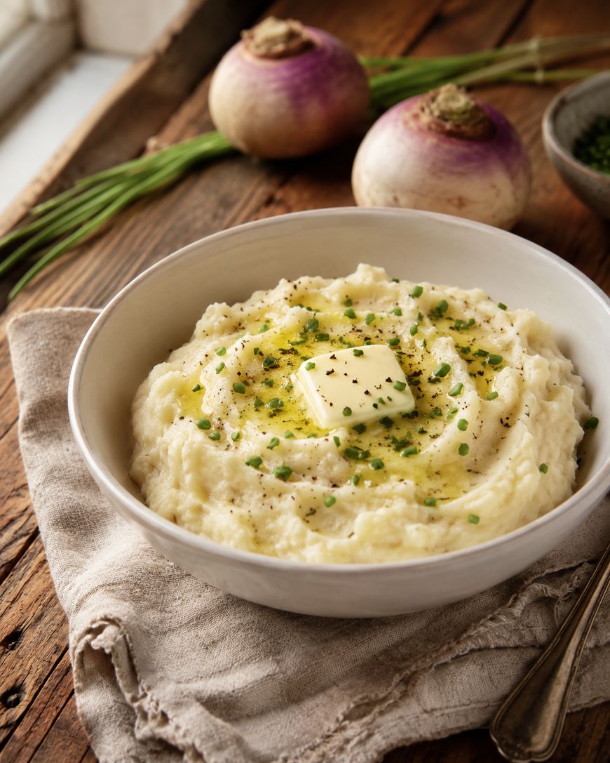 A bowl of creamy mashed potatoes garnished with chopped chives, black pepper, and a pat of melting butter, sits on a rustic wooden table with fresh turnips and chives in the background.