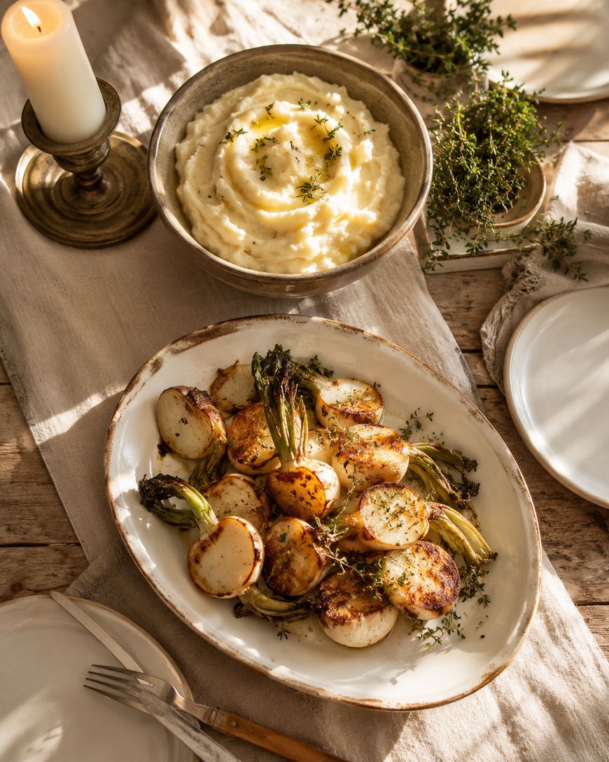 A table set with a bowl of creamy mashed potatoes garnished with herbs, a plate of roasted baby potatoes and green onions, a lit candle, cutlery, and potted herbs on a rustic wooden surface.