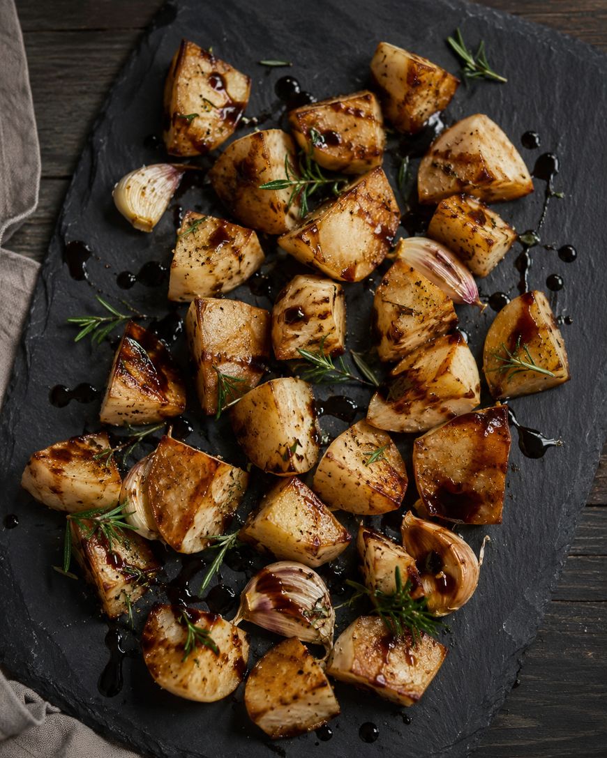 Chunks of roasted turnips and garlic cloves garnished with herbs and drizzled with balsamic glaze, arranged on a black slate serving platter.