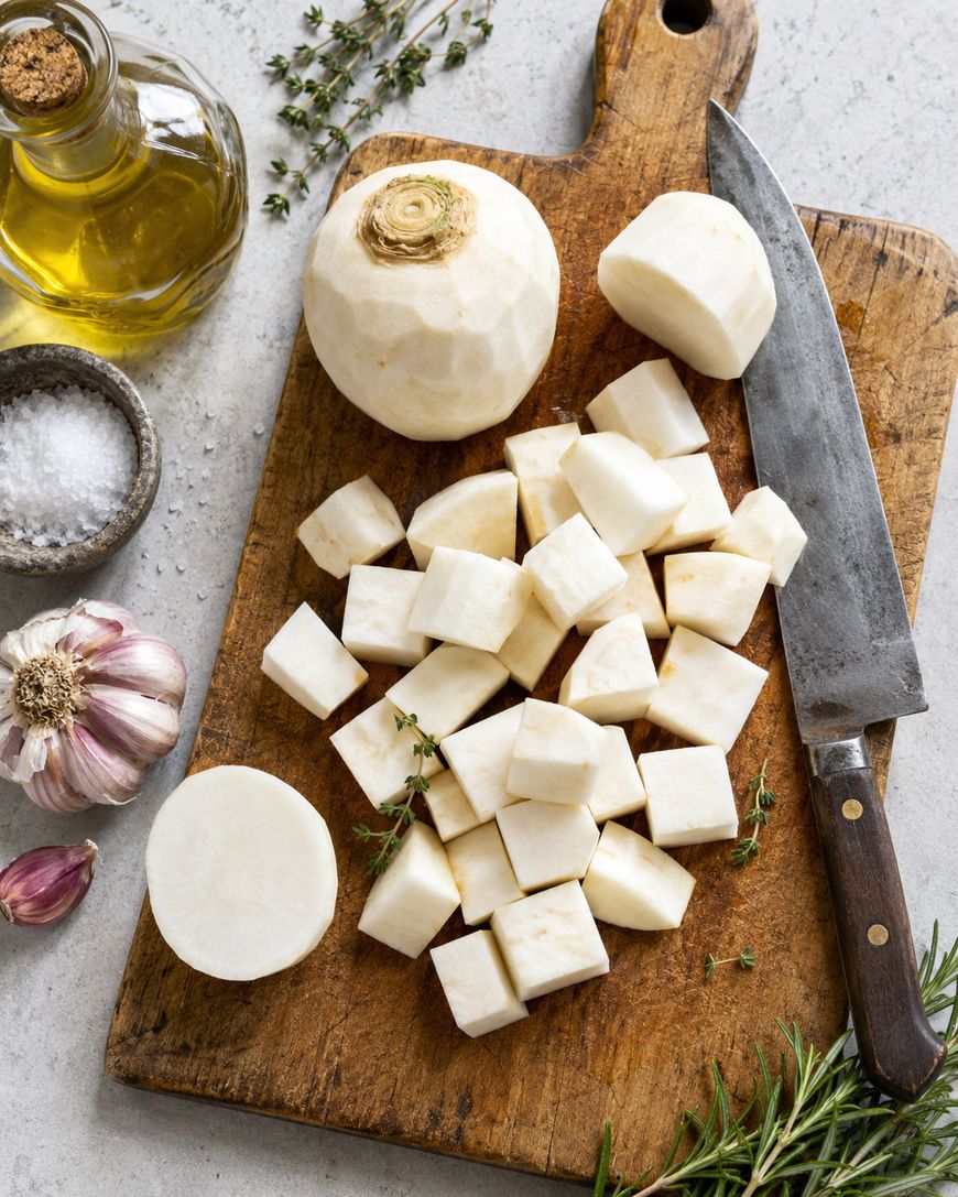 A peeled and chopped root vegetable, likely celeriac, sits on a wooden cutting board with a knife. Fresh herbs, garlic, a bowl of salt, and a bottle of oil surround the board on a light countertop.