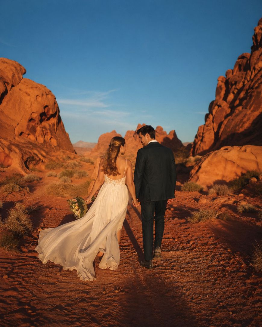 A bride in a flowing white dress and a groom in a dark suit walk hand in hand through a sunlit, rocky desert landscape with red sand and dramatic rock formations.