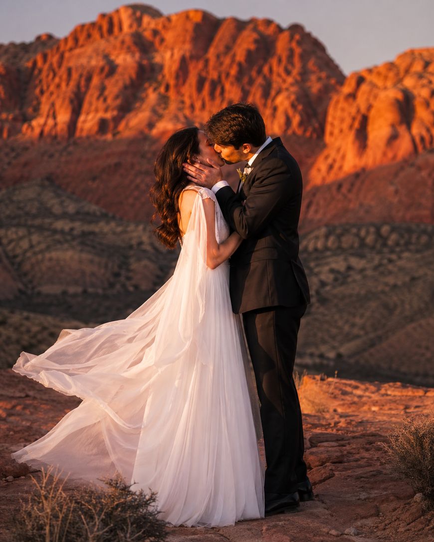 A bride in a flowing white dress and a groom in a dark suit share a romantic kiss outdoors at sunset, with dramatic red rock mountains in the background.