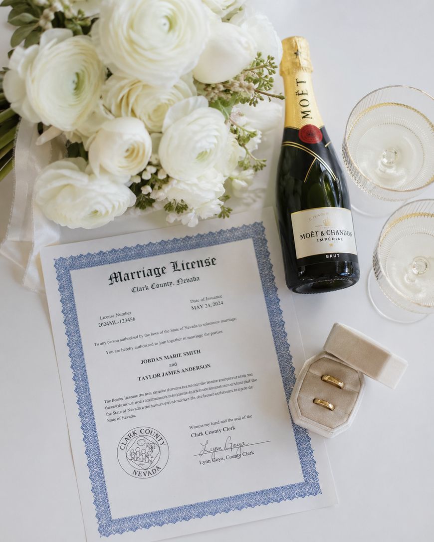 A marriage license, two gold rings in a box, a bottle of Moët & Chandon champagne, two glasses, and white flowers arranged on a white surface.