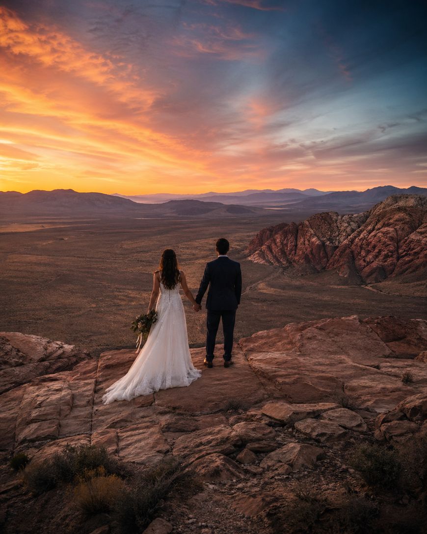 A bride and groom stand hand-in-hand on a rocky cliff, overlooking a vast desert landscape and red mountains at sunset, with a dramatic, colorful sky above.