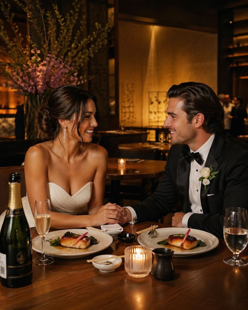 A bride and groom sit at a candlelit restaurant table, smiling and holding hands. Both have elegant attire; she wears a strapless white dress and he’s in a black tuxedo. Plates of food and champagne are set before them.
