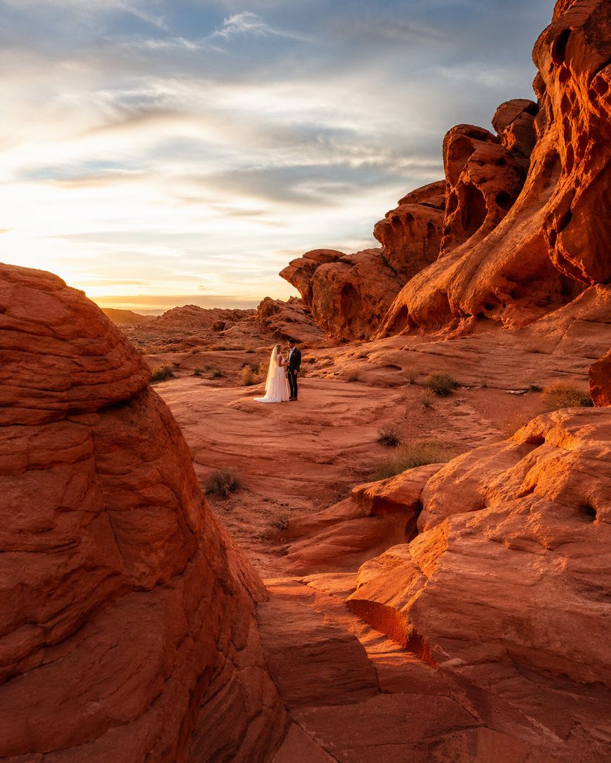 A bride and groom stand together on red rock terrain at sunset, surrounded by dramatic rocky formations under a partly cloudy sky.