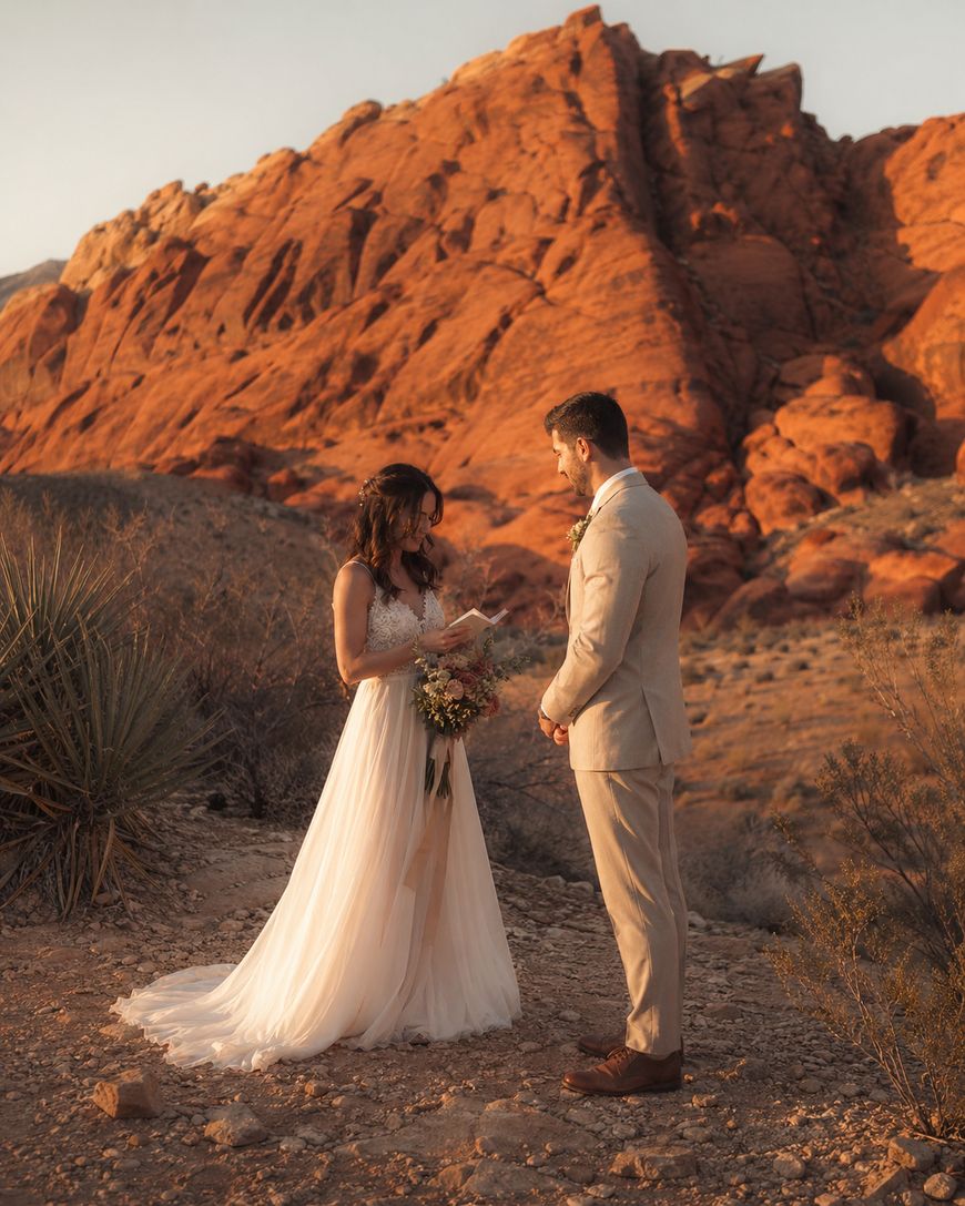 A bride and groom stand facing each other in wedding attire, holding hands, with a bouquet and red rock mountains in the background during golden hour.