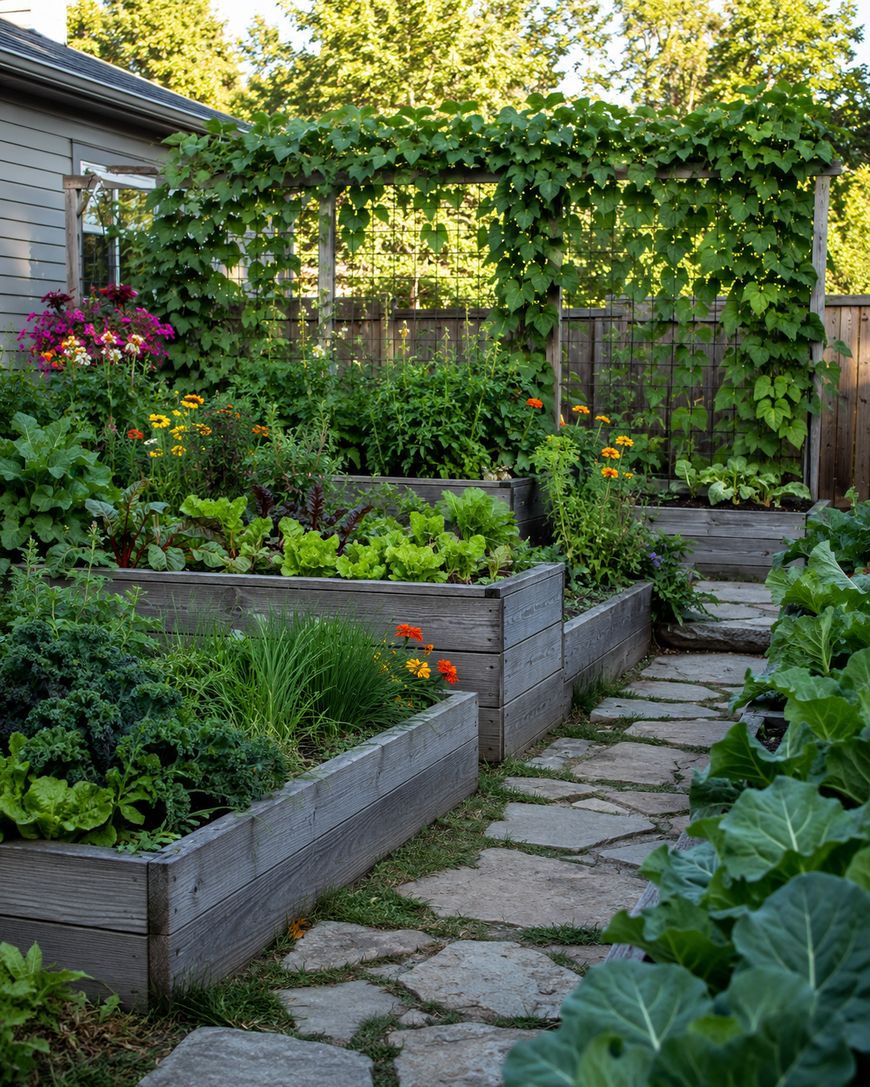 A lush backyard garden with several raised wooden beds filled with vegetables, herbs, and flowers, a stone path, and a vine-covered trellis along a wooden fence.