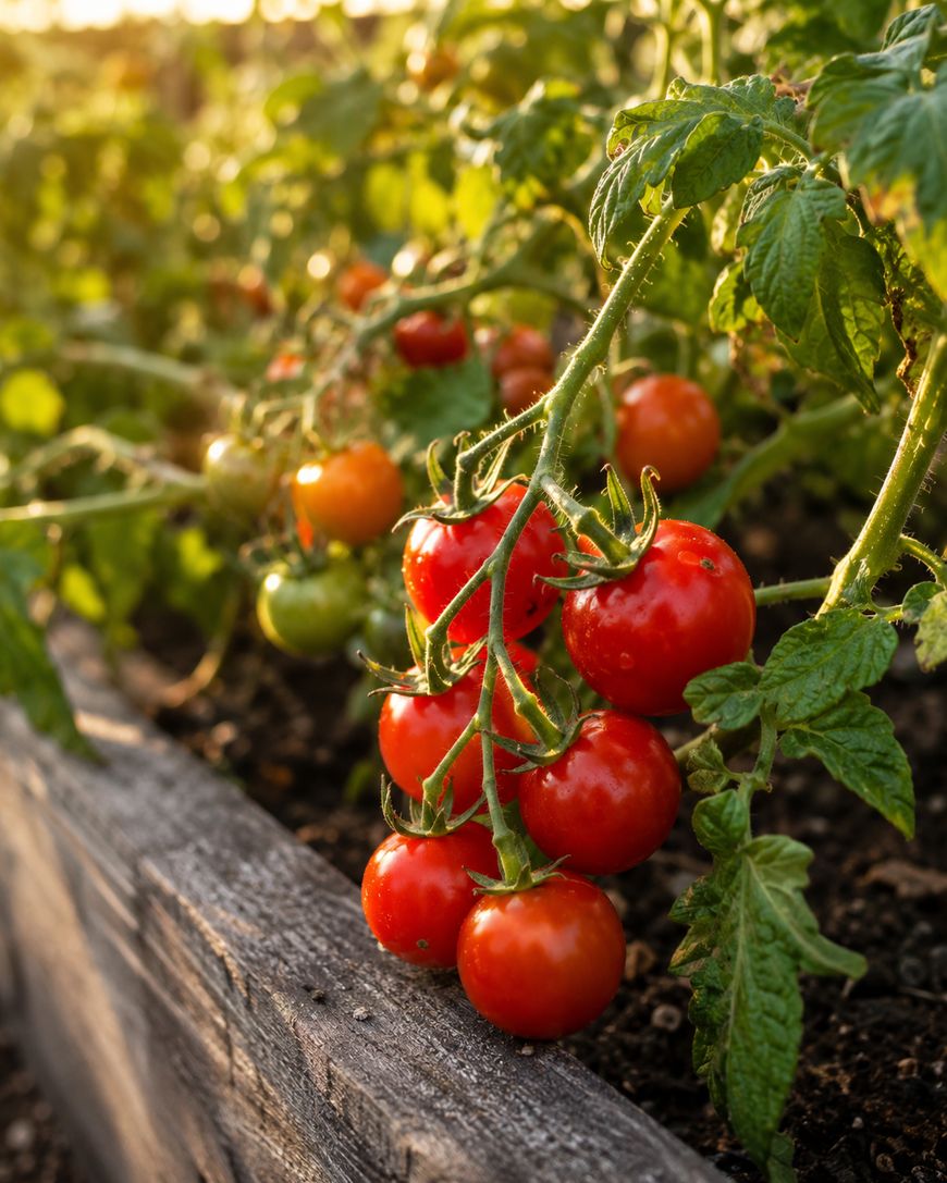A cluster of ripe red and green tomatoes growing on a vine in a raised garden bed, with sunlight shining on the leaves and soil in the background.