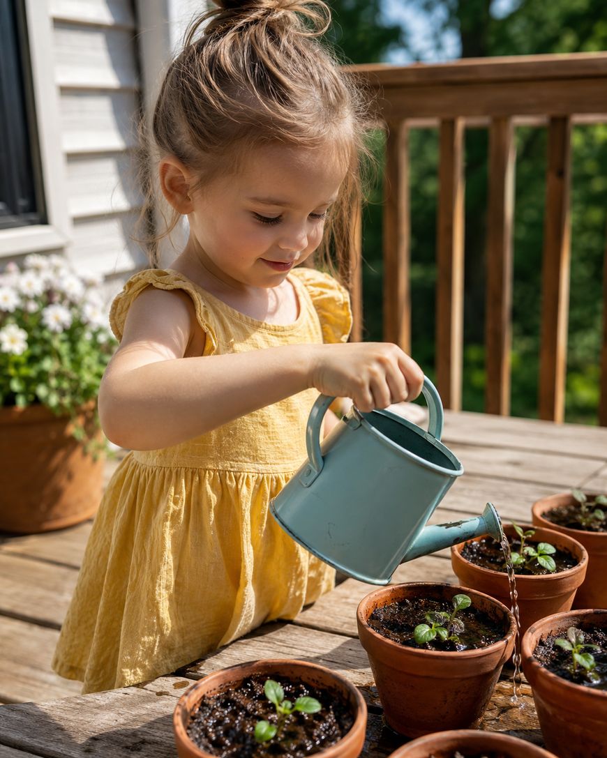 A young girl in a yellow dress waters small potted plants on a wooden table outdoors, using a blue watering can. Flowers and greenery are visible in the background.