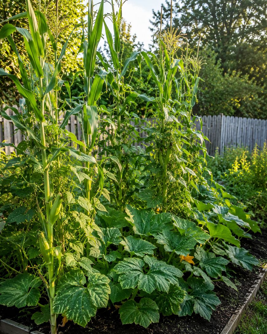 Sunlit vegetable garden with tall corn plants and broad-leaved squash or zucchini growing in rich soil, surrounded by green foliage and a wooden fence in the background.
