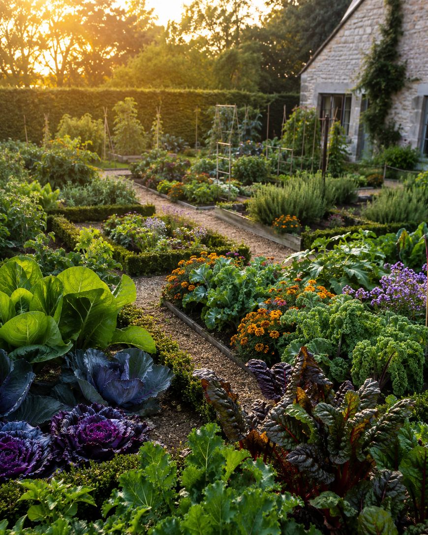 A lush, colorful garden with various vegetables, herbs, and flowers growing in neatly arranged raised beds. Gravel paths divide the beds, and sunlight shines over trees and a stone house in the background.