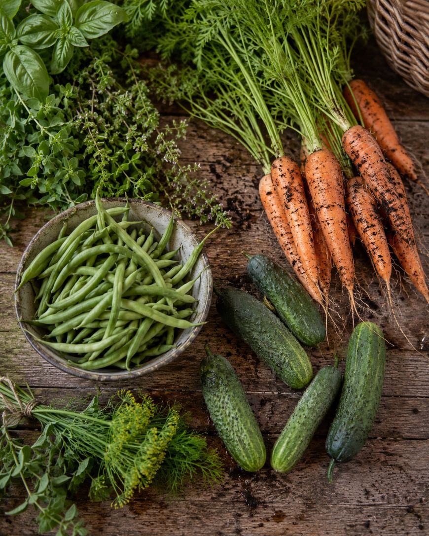 Freshly harvested vegetables on a rustic wooden surface: carrots with tops, cucumbers, green beans in a bowl, and assorted leafy greens and herbs.