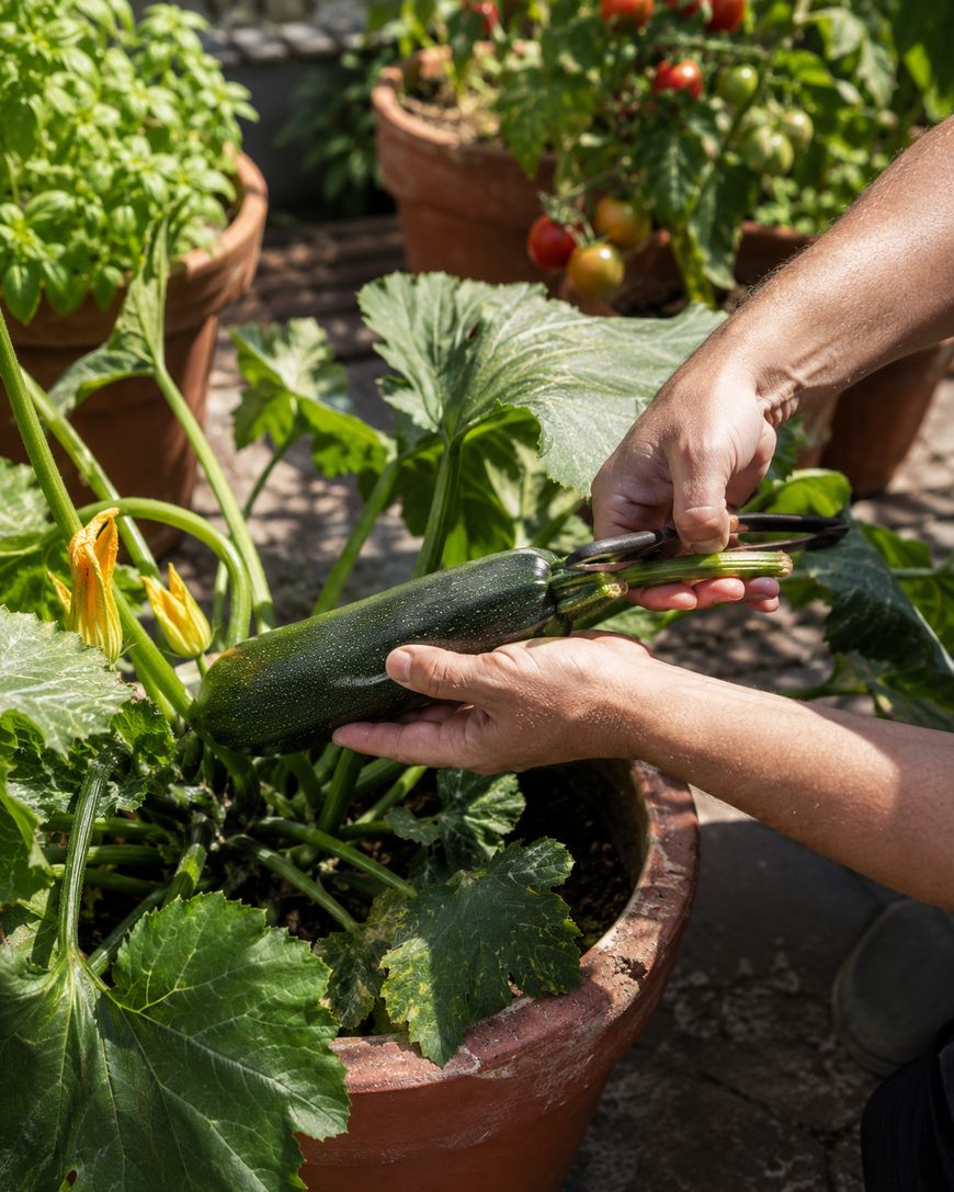 A person harvesting a zucchini from a potted plant in a garden, surrounded by other potted vegetables and herbs.