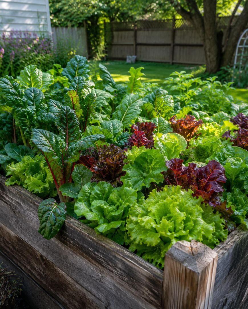 A raised wooden garden bed filled with lush, vibrant green and red leafy vegetables, including lettuce and Swiss chard, in a sunny backyard with a fence and trees in the background.