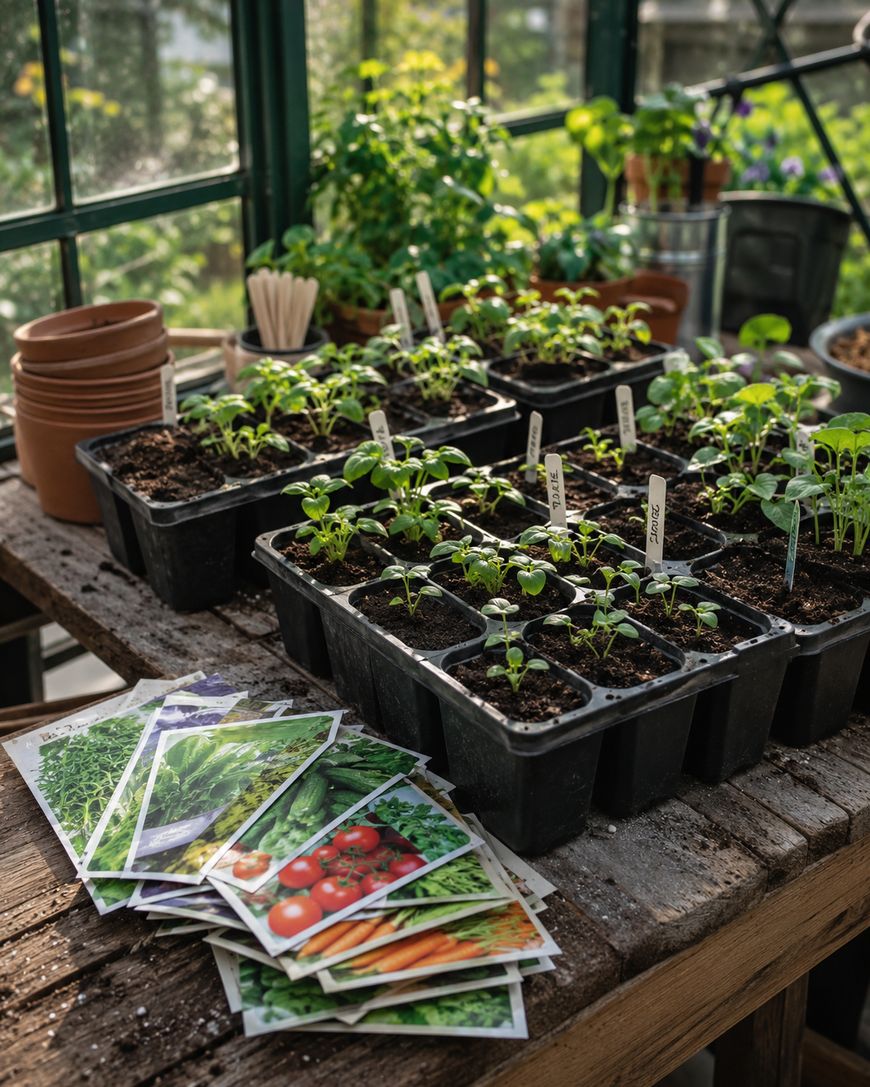 Seedlings in black trays sit on a wooden table in a greenhouse, surrounded by plant markers, seed packets showing various vegetables, and stacked empty pots, with green plants visible in the background.
