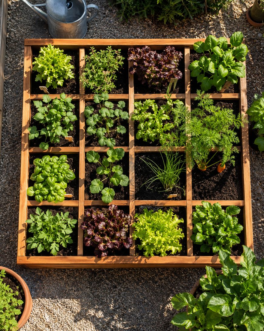 A wooden square garden bed is divided into 16 sections, each with a different type of green herb or plant growing. The bed is on a gravel surface, and a metal watering can is nearby. Sunlight brightens the vibrant leaves.
