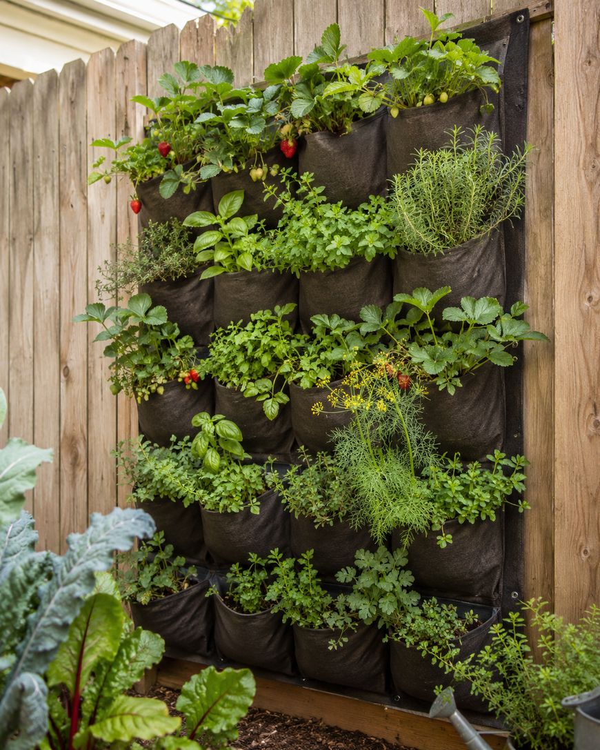 A vertical garden with multiple black fabric pockets hangs on a wooden fence, each pocket filled with different herbs and plants such as strawberries, dill, parsley, and thyme.