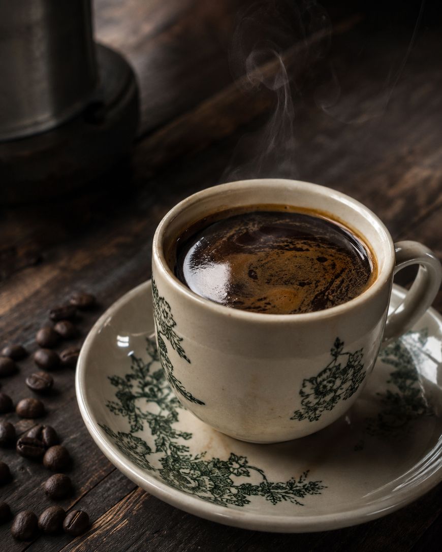 A steaming cup of black coffee sits on a floral-patterned saucer, with coffee beans scattered on a rustic wooden surface nearby.