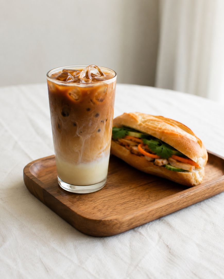 A glass of iced coffee with milk sits on a wooden tray next to a bánh mì sandwich filled with meat, cucumber, carrot, and cilantro, on a light-colored tablecloth.