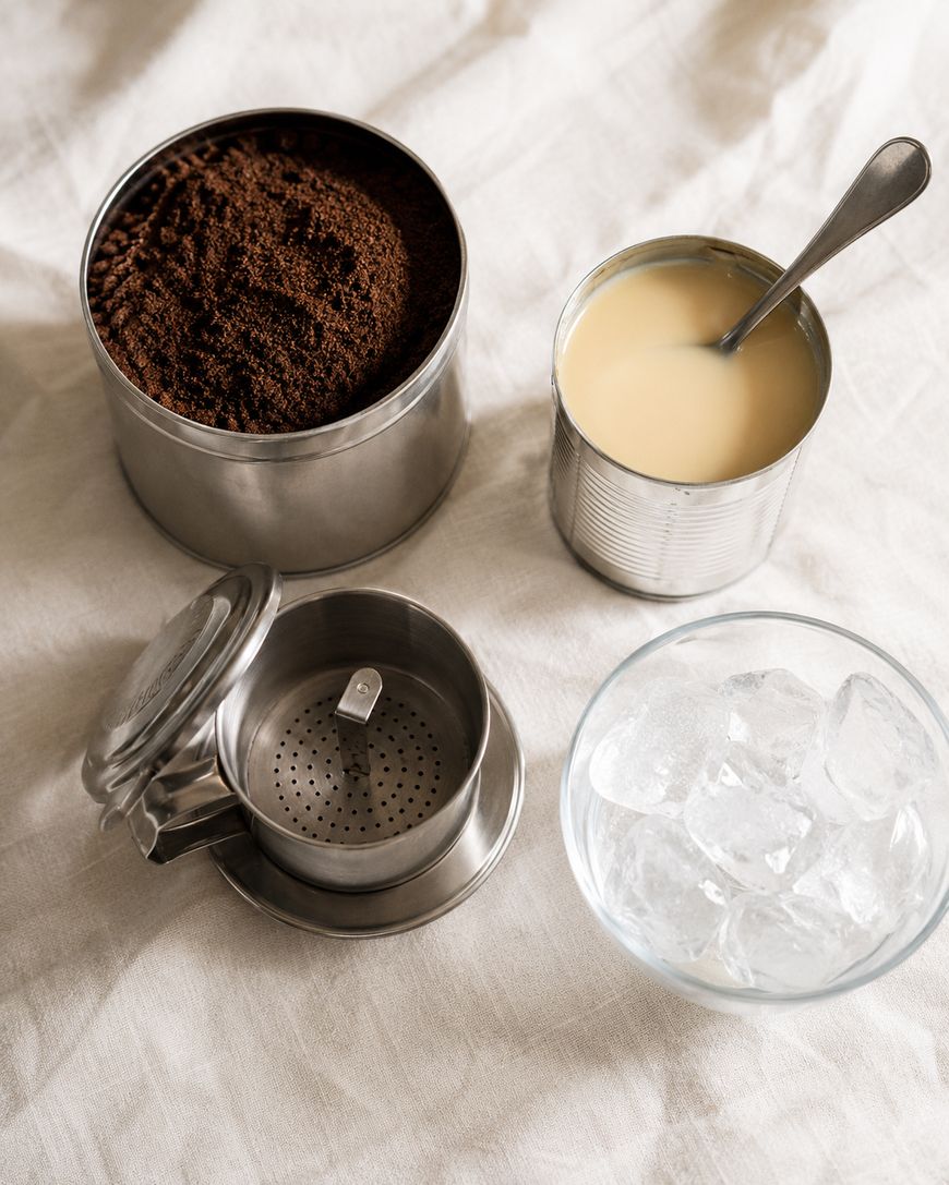 A metal container of ground coffee, an open can of sweetened condensed milk with a spoon, a glass bowl of ice cubes, and a stainless steel coffee filter, all placed on a light cloth.