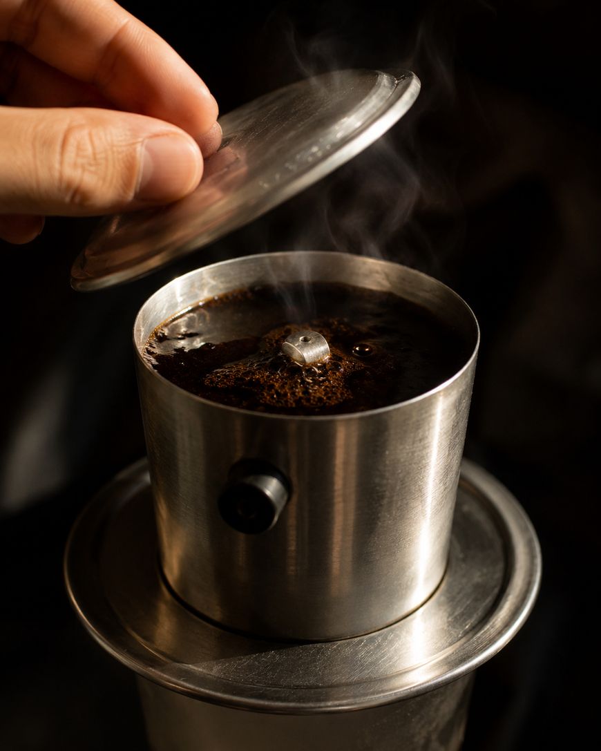 A hand lifts the lid of a metal moka pot with fresh coffee inside, releasing steam. The coffee grounds and hot brewed coffee are visible, with steam rising in the warm light.