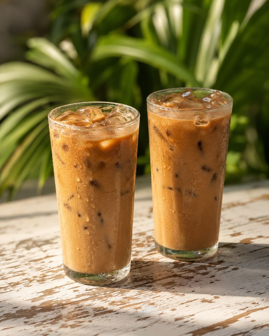 Two glasses of iced coffee with milk sit on a weathered white wooden table, with sunlight casting shadows. Green leafy plants are blurred in the background.