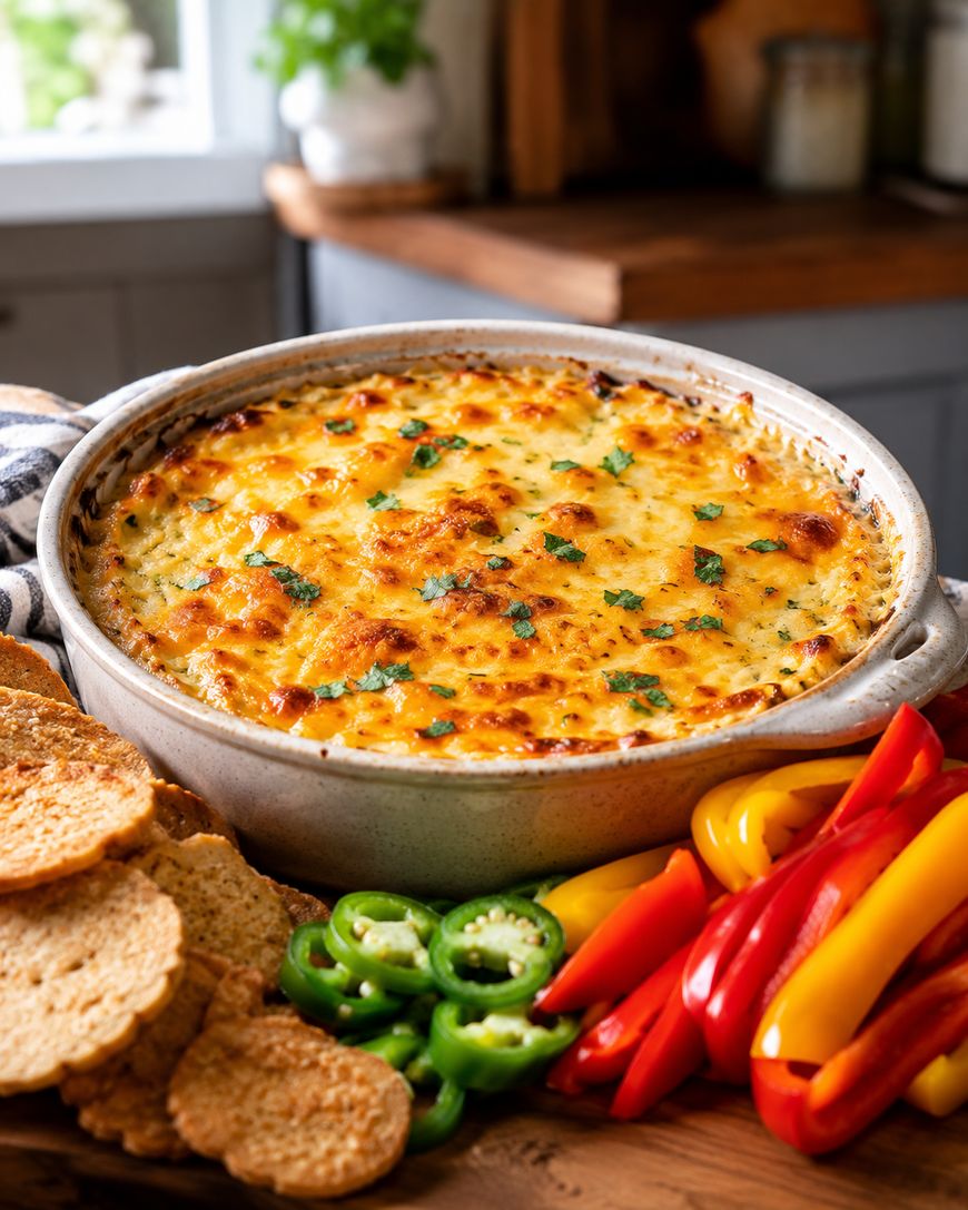 A baked cheesy dip garnished with herbs sits in a round dish, surrounded by sliced red and yellow bell peppers, jalapeños, and round crackers on a wooden surface.