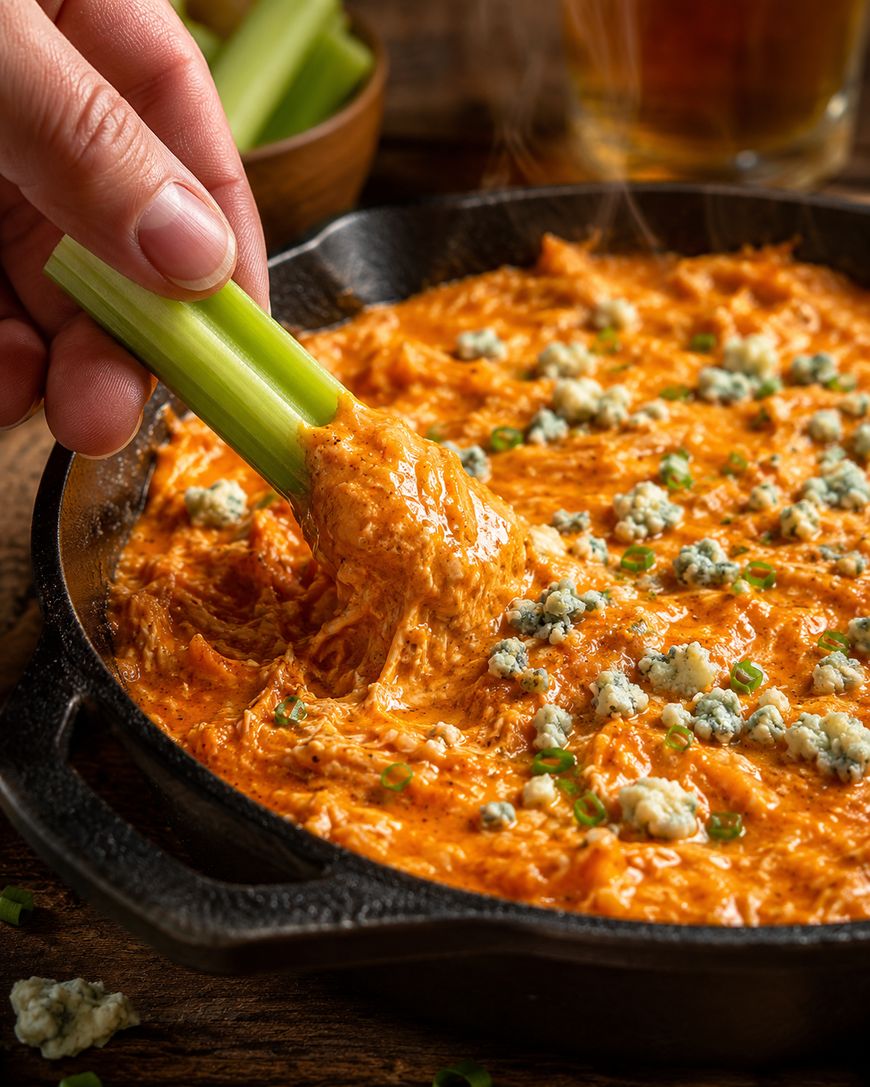 A hand dips a celery stick into a hot, cheesy buffalo chicken dip in a cast iron skillet, topped with blue cheese crumbles and chopped chives.