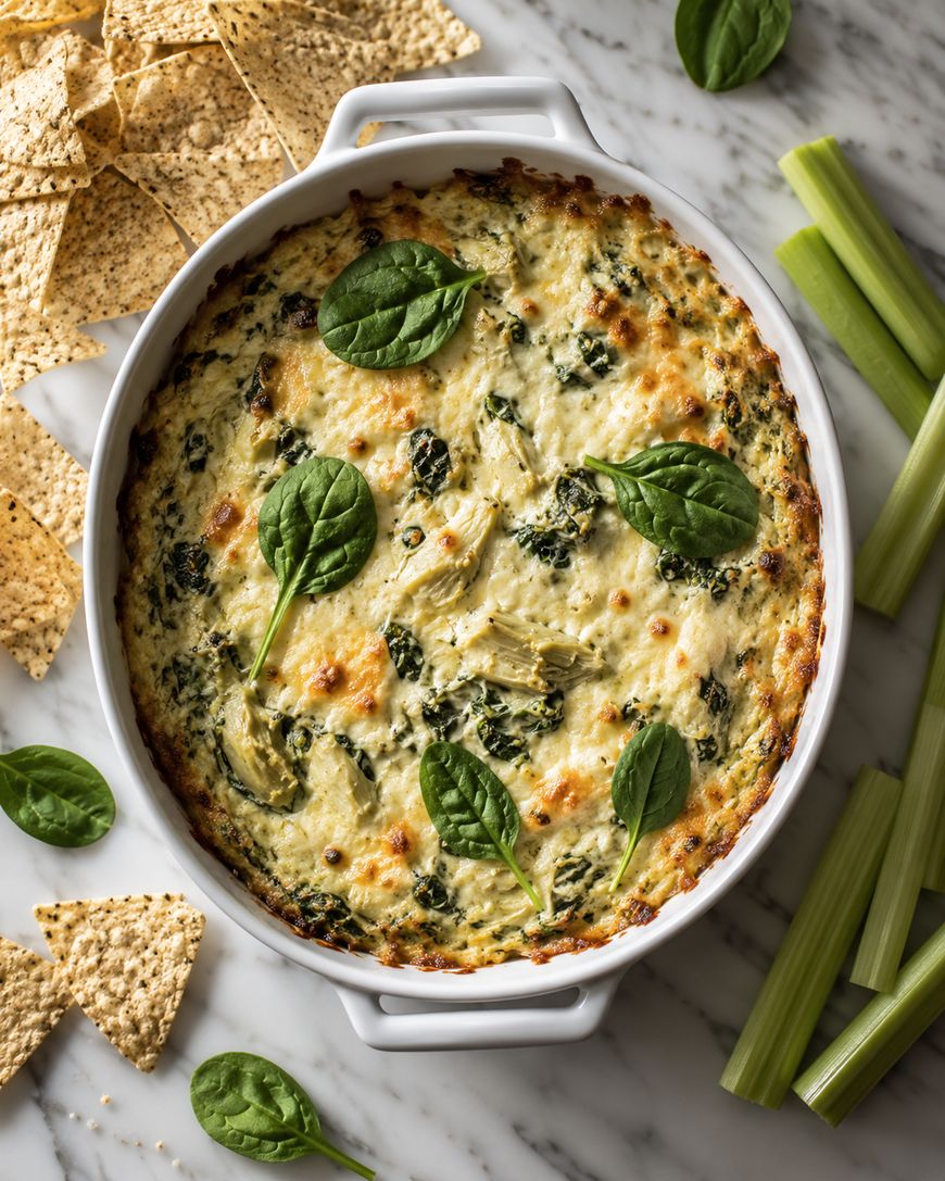 A baked spinach and artichoke dip in a white dish, topped with fresh spinach leaves, surrounded by tortilla chips, raw celery sticks, and extra spinach leaves on a marble surface.