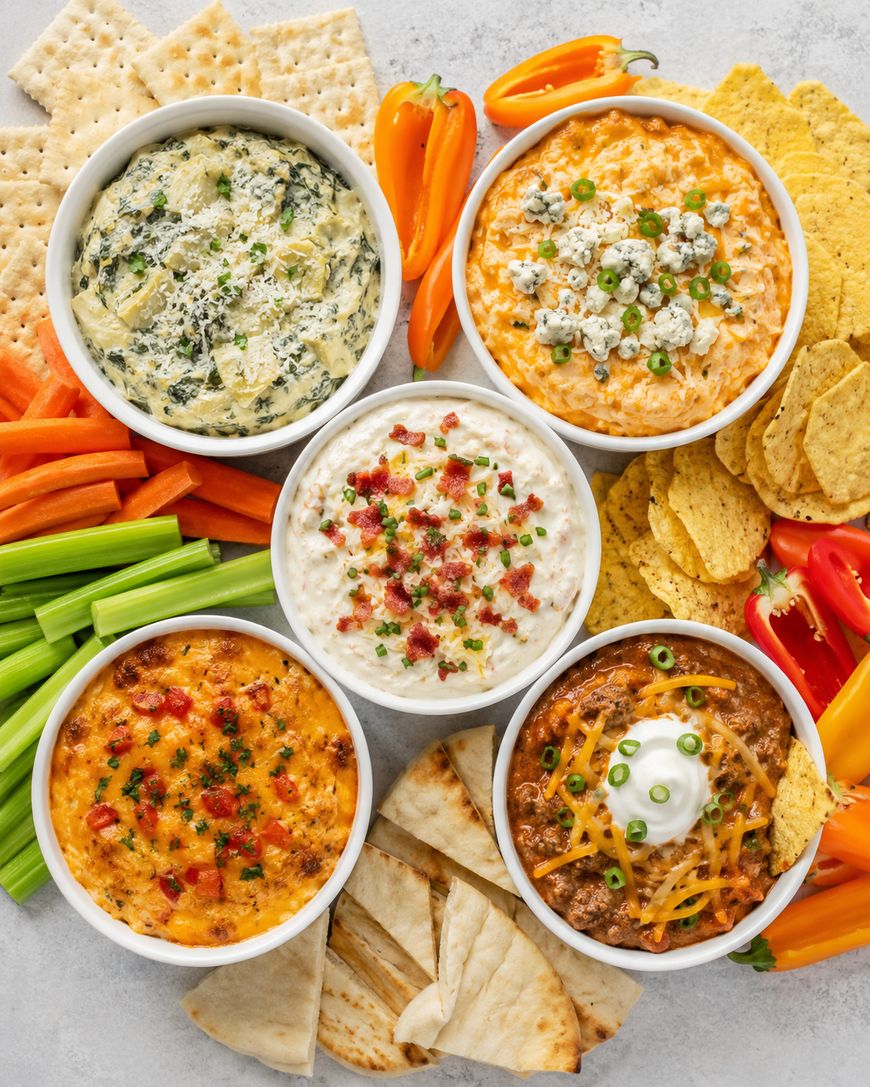 Five bowls of assorted dips surrounded by crackers, tortilla chips, pita bread, celery, carrots, and mini bell peppers, arranged on a white surface for a colorful appetizer spread.