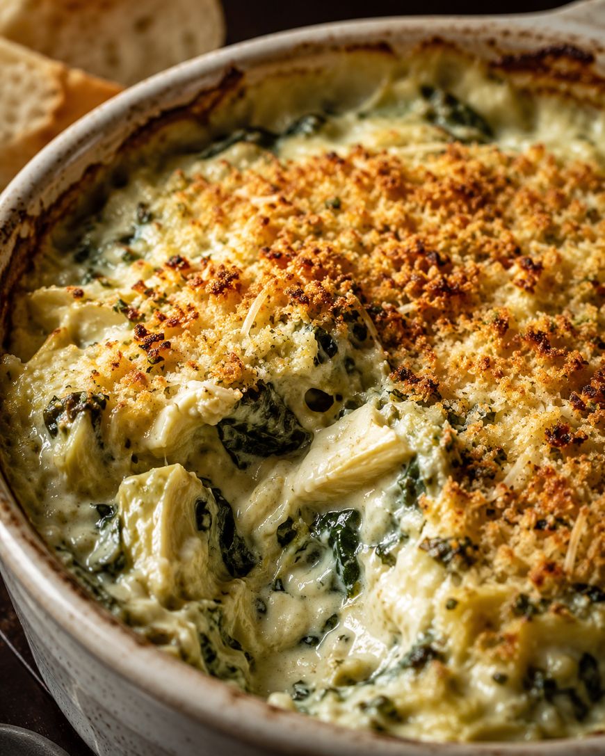A close-up of a baked spinach and artichoke dip in a ceramic dish, topped with a golden, crispy breadcrumb and cheese layer. Creamy dip with visible spinach and artichoke pieces is seen beneath the browned topping.