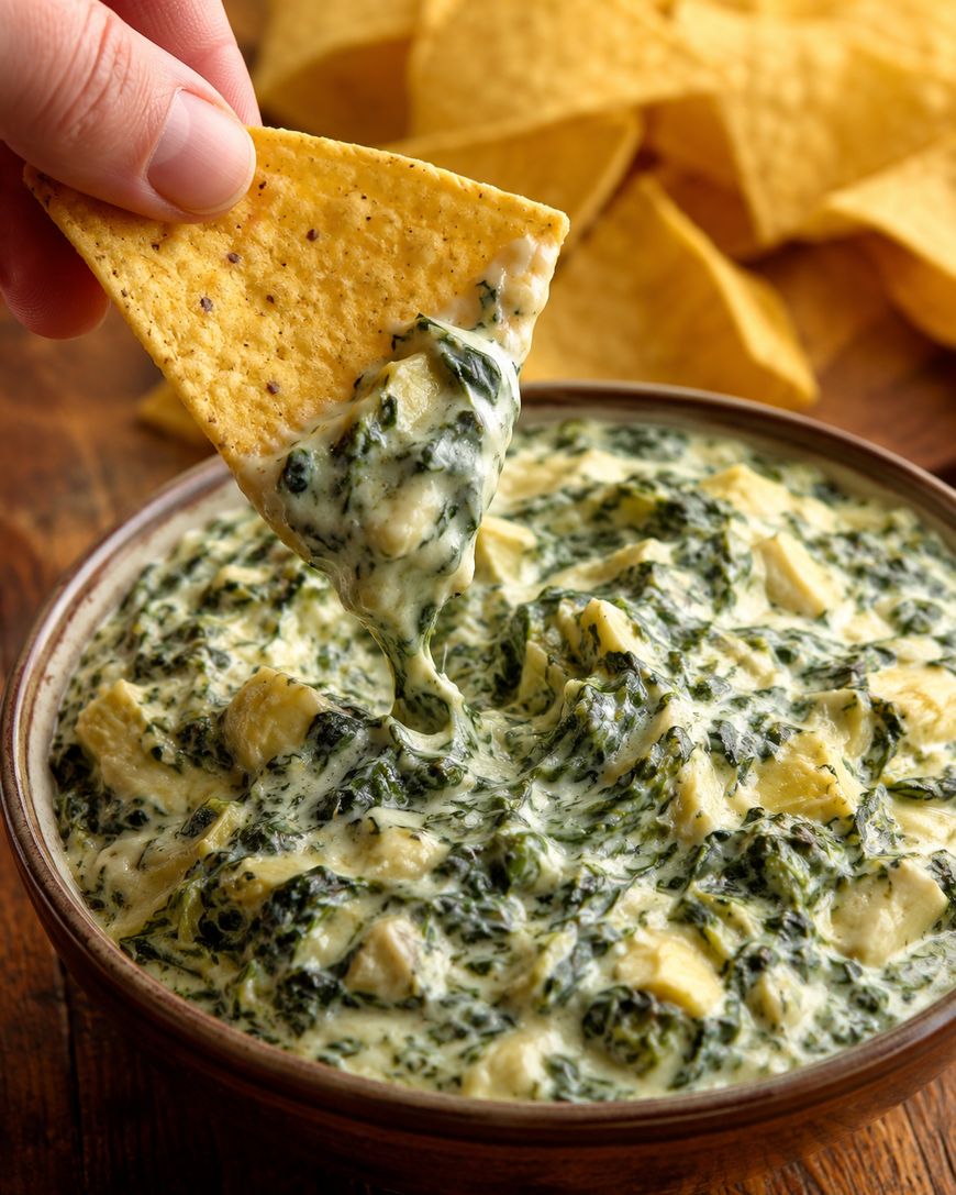 A hand dips a tortilla chip into a creamy spinach and artichoke dip in a bowl, with more tortilla chips in the background.