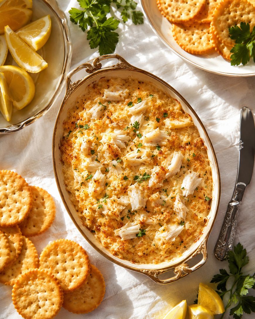 Oval dish of baked crab dip topped with parsley, surrounded by round crackers, lemon wedges, and parsley on a white tablecloth. A knife rests nearby, ready for serving.