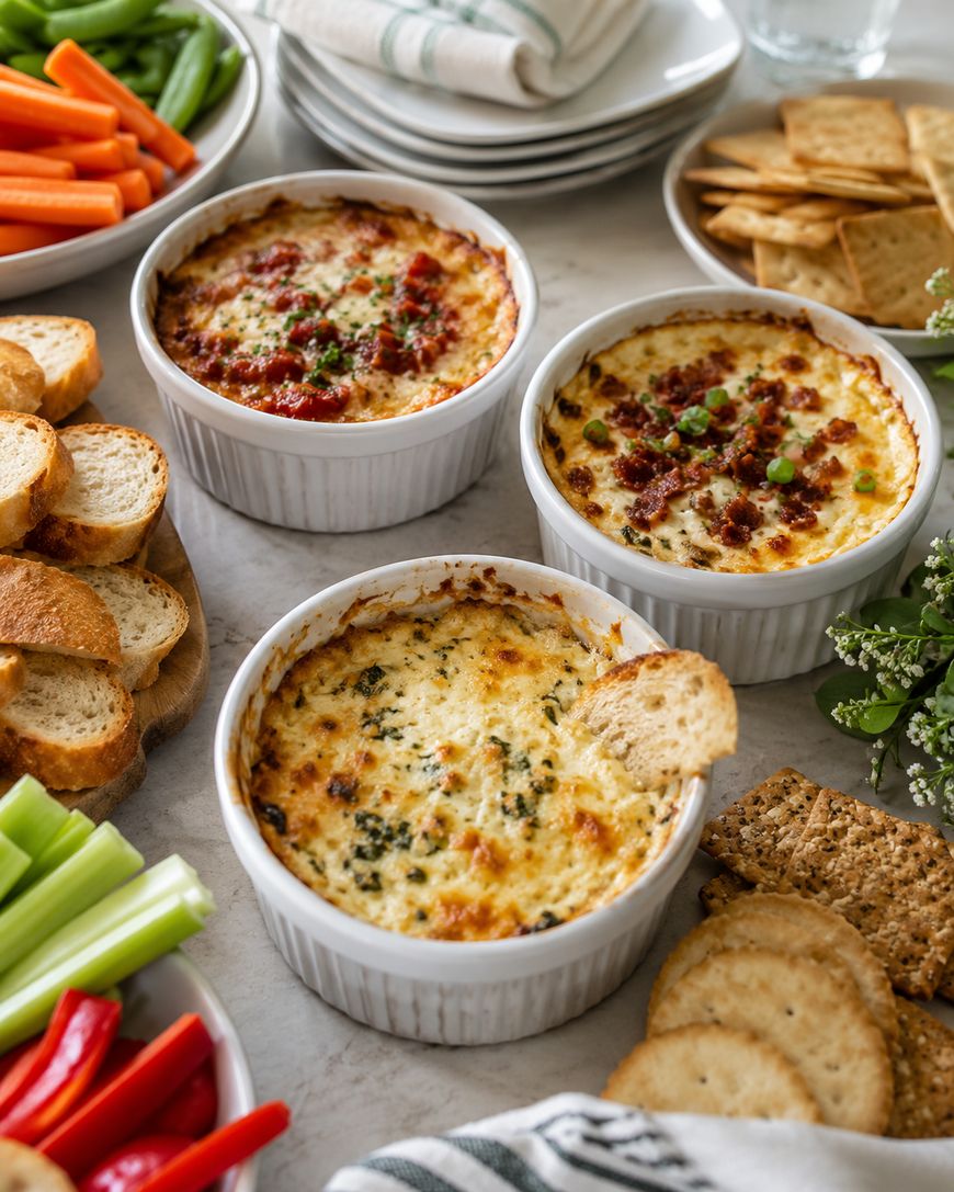 Three ramekins of baked dip, each topped with different garnishes, are surrounded by plates of sliced baguette, crackers, carrot sticks, celery, and red bell pepper on a table set for snacking.
