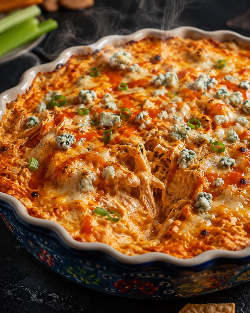 Baked buffalo chicken dip in a decorative dish, topped with crumbled blue cheese, green onions, and a drizzle of hot sauce, with steam rising from the hot, cheesy mixture.