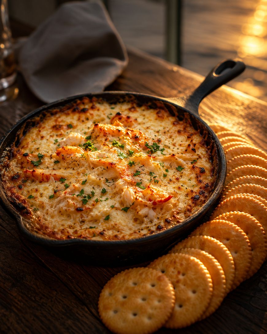 A skillet of baked crab dip garnished with herbs sits on a wooden table, surrounded by a ring of round crackers, with warm sunset light streaming in from the background.