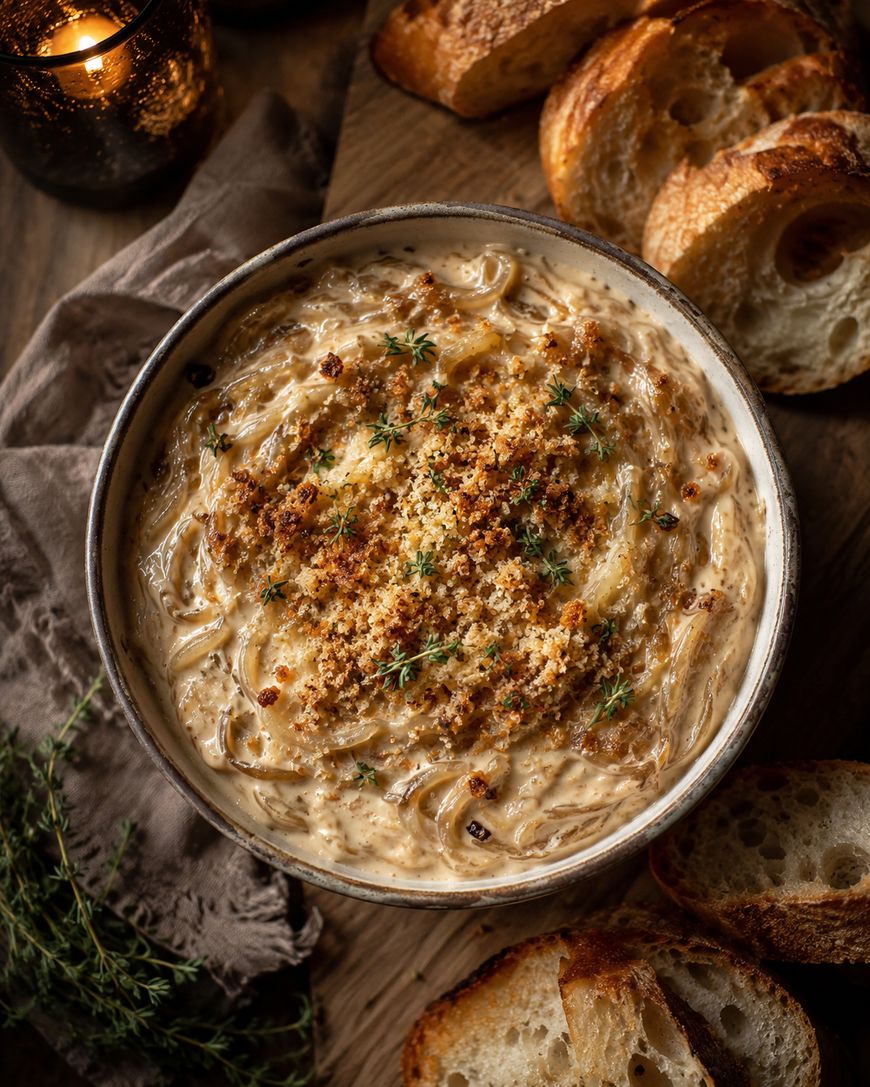 A bowl of creamy onion dip topped with golden breadcrumbs and fresh thyme, surrounded by slices of rustic bread on a wooden board with a lit candle and napkin nearby.